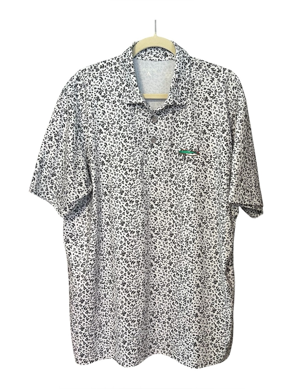 Antigua Men's Golf Polo Shirt The Coeur d’Alene Black Gray Print on White Sz XL